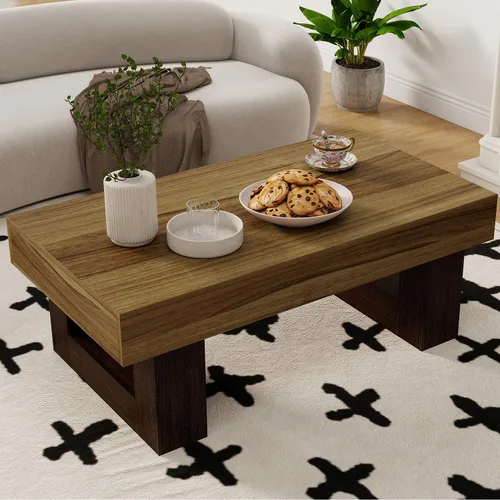 Miniatura 6 de Mesa de centro de granja, mesas centrales rectangulares de madera de 42 pulgadas con base gruesa, modernos muebles de té de cóctel bajos para sala