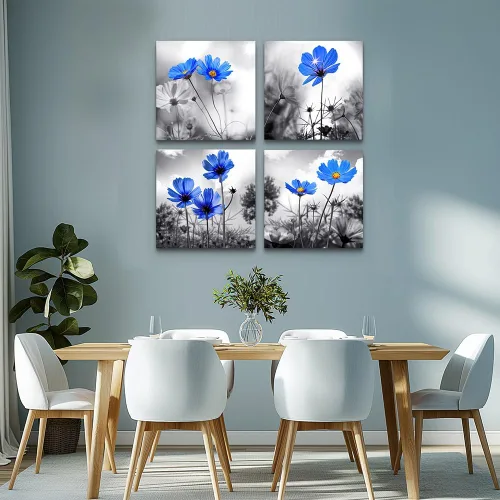Miniatura 4 de Arte de pared para dormitorio, flor azul cian en blanco y negro, decoración de pared para decoración del hogar, pintura de arte de 12 x 12 pulgadas