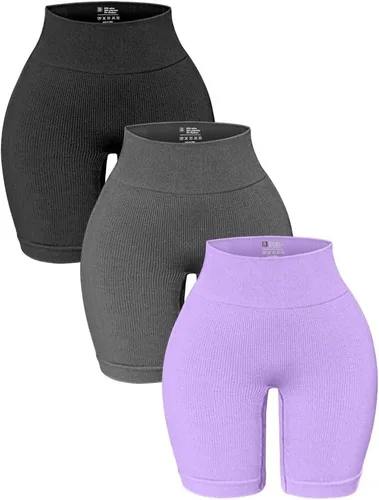OQQ Paquete de 3 pantalones cortos de yoga de cintura alta para mujer, acanalados, sin costuras, con control de abdomen, pantalones cortos