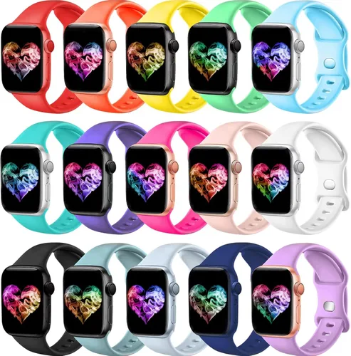 Paquete de 15 correas compatibles con Apple Watch de 38 mm, 40 mm, 41 mm, 42 mm, 44 mm, 45 mm, 46 mm, 49 mm, unisex, correa deportiva de silicona