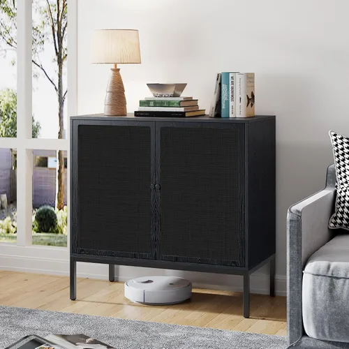 Brafab Aparador negro con puertas decoradas de ratán natural, 31.5 pulgadas de ancho, armario de almacenamiento de ratán Credenza, gabinete bohemio