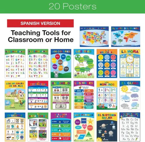Miniatura 5 de 20 Carteles Educativos Grandes para Niños Pequeños (16.5x12 pulgadas Doble Cara Inglés/Español) Alfabeto Colores Letras Números Formas Meses Días