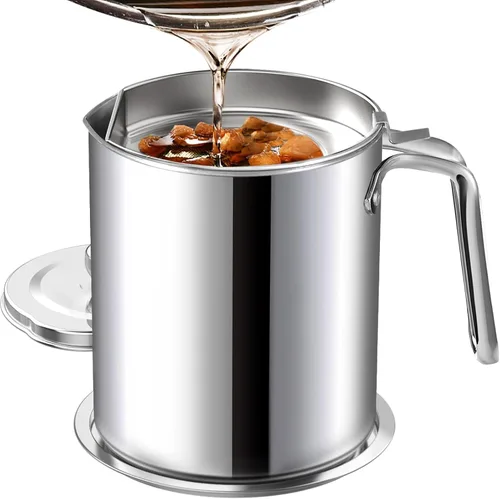 Miniatura 11 de Chihee Contenedor de grasa de acero inoxidable para tocino con filtro de malla fina, 2 litros/67.6 onzas líquidas, lata de aceite de cocina con tapa