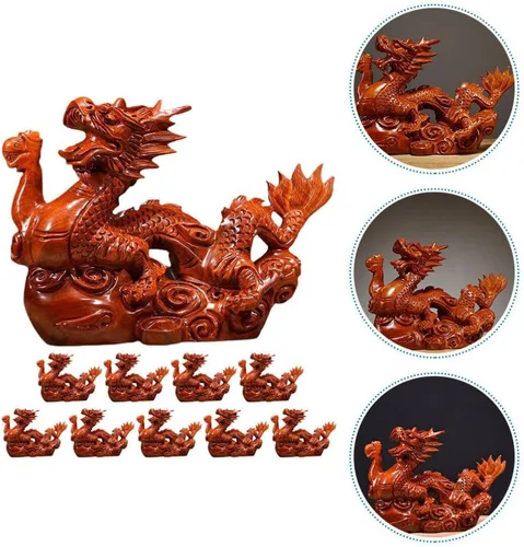 Miniatura 9 de Veemoon Estatua de madera de dragón chino Fengshui, 3.9 in, mini rojo 2024 Año del Dragón, escultura tallada a mano para decoración de estantes