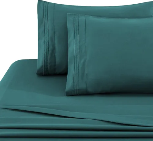 Miniatura 5 de Marina Decoration Juego de sábanas de 4 piezas con 2 fundas de almohada bordadas, de rayón sólido de bambú para todas las estaciones, con 2 fundas