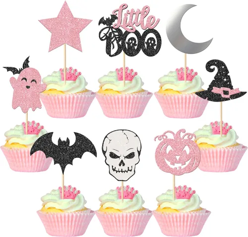 Miniatura 22 de Rsstarxi Paquete de 24 adornos para cupcakes Little Boo con purpurina, bruja, gato, calabaza, castillo, fantasma, magdalenas, alimentos, decoración