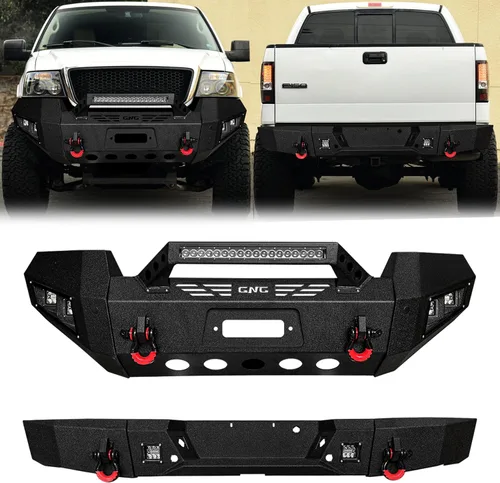 Compatible con parachoques delantero y trasero de acero F150 2006-2007-2008 con placa de cabrestante, luces y anillos en D (textura negra)