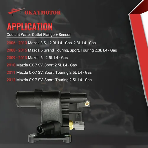 Miniatura 2 de OKAY MOTOR Brida de salida de agua refrigerante + Sensor para Mazda 3 5 6 CX-7 2006-2015 2.0L 2.3L 2.5L L4 902-690 LF941517Z LF94-15-17Z LF9415179A