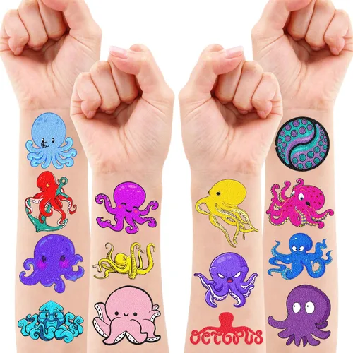 Miniatura 3 de 100 piezas temáticas de pulpo, regalos de fiesta de cumpleaños, suministros de decoración, pulpo, océano bajo el mar, animales, tatuajes temporales