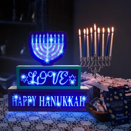 Miniatura 2 de Decoraciones iluminadas de Hanukkah, letrero de madera con 81 luces LED, funciona con pilas, letrero de puerta de menorá para centro de mesa