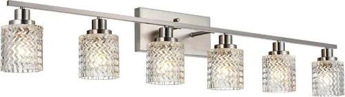 Miniatura 9 de MELUCEE Aplique de pared de 2 luces con pantalla de vidrio martillado, luces de baño de níquel cepillado sobre el espejo, accesorios de iluminación