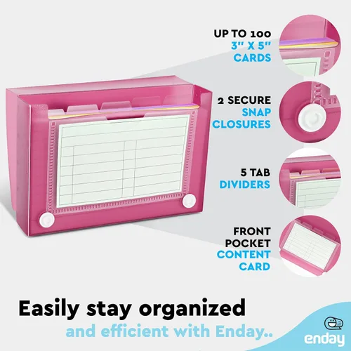 Miniatura 3 de Enday Estuche organizador de tarjetas de índice rosa, 3 x 5, caja de archivos con 5 divisores, caja de tarjetas con capacidad para 100 tarjetas