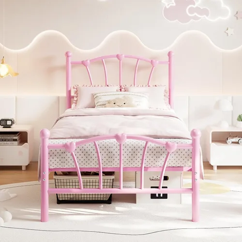 Miniatura 10 de GarveeHome Marco de cama de tamaño individual, marco de cama de metal en forma de corazón con cabecera y estribo, marco de cama de plataforma