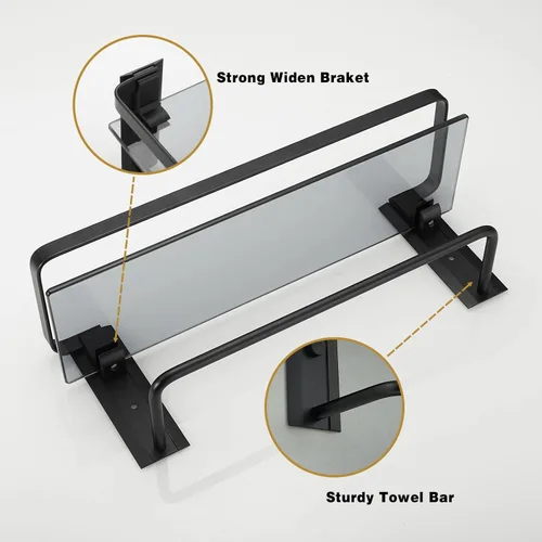 Miniatura 6 de VOLPONE Estante de vidrio para baño de 15.7 pulgadas, estantes de baño negros, estantes de vidrio templado montados en la pared con 4 ganchos