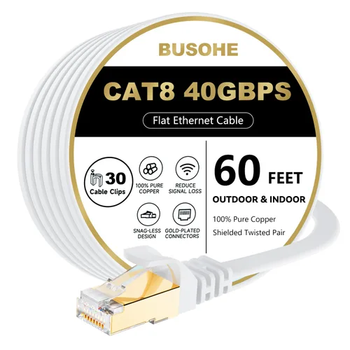 BUSOHE Cable Ethernet CAT8 de 60 pies, cable de conexión de computadora de red plana de Internet de alta velocidad, 40 Gbps 2000 Mhz más rápido que