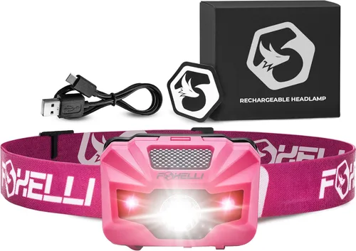 Miniatura 8 de Foxelli Linterna frontal LED recargable USB‑C – Ultraligero 2.4 oz y brillante 180 lúmenes – Luz roja/blanca, 5 modos, IPX5 impermeable, 40 horas