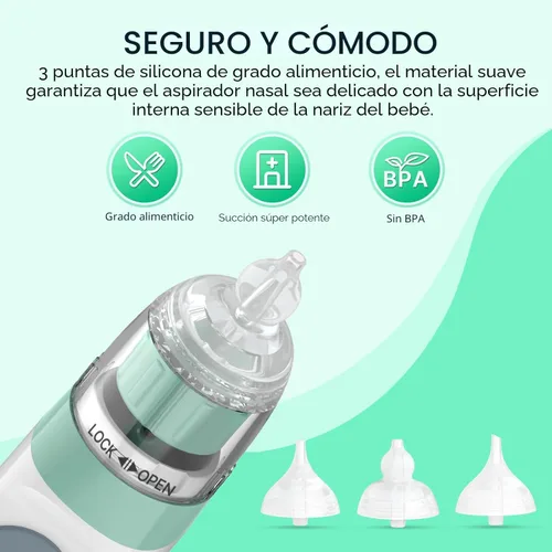 Miniatura 8 de Aspirador nasal eléctrico para bebé, aspirador de nariz para niños pequeños, chupón de nariz impermeable para bebé, limpiador de nariz con 3 puntas