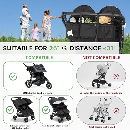 Miniatura 2 de Organizador de cochecito doble para Bob Duallie con 2 portavasos aislados y bolsa refrigeradora, Baby Jogger City Mini Gt2 Jeep Accesorios