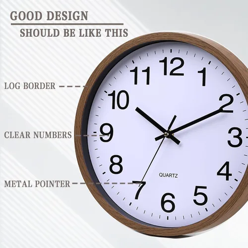 Miniatura 3 de Reloj de pared con marco de madera de 12 pulgadas, cubierta de vidrio, número sin tictac, cuarzo, diseño moderno de cuarzo, decorativo, dormitorio