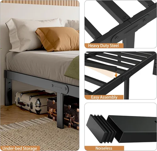 Miniatura 6 de Marco de cama de tamaño completo, no necesita somier, marco de cama de tamaño completo de metal de 14 pulgadas, agujeros para cabecero de bricolaje