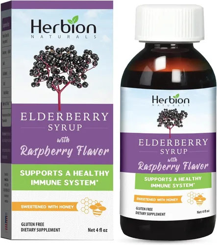 Herbion Naturals Jarabe de saúco – Sistema inmunológico saludable para adultos y niños (1 año +) – Miel endulzada con sabor natural a frambuesa –