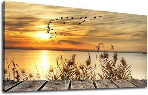 Miniatura 8 de yearainn Arte de Lienzo de Pared en Blanco y Negro Lago al Atardecer con Pájaros Voladores Cuadros para Decoración de Pared Paisaje Natural Pintura