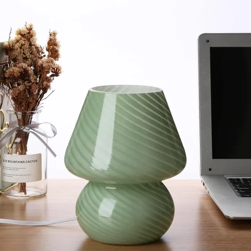 Lámpara de Hongo, Lámparas de Mesa de Noche de Cristal Verde Murano Vintage Pequeñas de Mesita de Noche Lámpara de Escritorio Luz en Espiral para