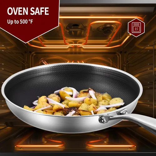 Miniatura 3 de LOLYKITCH Juego de sartenes de 10-12 pulgadas de acero inoxidable tricapa híbrida antiadherente con tapas, sartén para freír profundo, sartenes