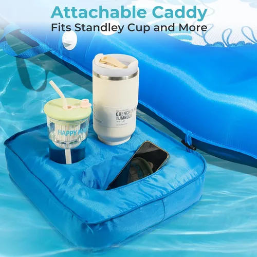 Miniatura 5 de Fabric Covered Inflatable Pool Lounger Float Adult, 70"x39" Extra Large Pool Float w/ UPF50+ Sunshade Canopy & Cupholder Caddy, Water Floaties Raft
