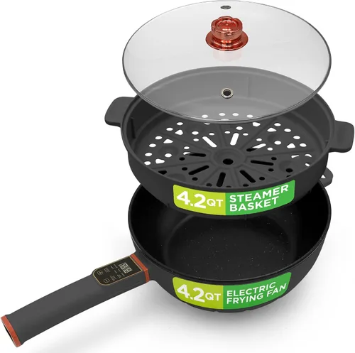 Nutrichef Sartén eléctrica de 4L y vaporizador de 4 L, olla antiadherente multifuncional portátil de 1000 W para cocinar, mango duradero seguro para