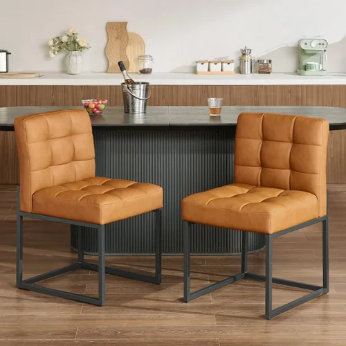 GrandNoor Brown Faux Leather Dining Chairs Set of 2, Mid-Century Modern Dining Room Chairs with Armless, Checkered Kitchen Chair with Metal Legs