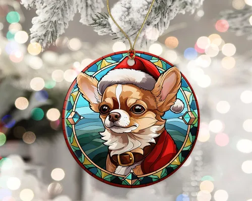 Miniatura 2 de Chihuahua - Adorno de cerámica de vitrales de Navidad, adorno colgante para árbol de Navidad, adorno de vitral de perro, adorno religioso