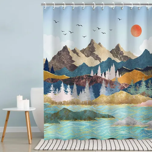 Miniatura 15 de RosieLily Cortina de ducha con diseño de lago de montaña, cielo nocturno estrellado, paisaje de luna y bosque para baño, 72 pulgadas de ancho x 72