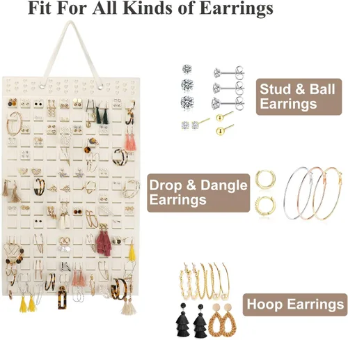 Miniatura 3 de Resovo Organizador de aretes colgantes, soporte para aretes y 20 ganchos, capacidad para hasta 300 pares, diseño compacto, material suave, Blanco