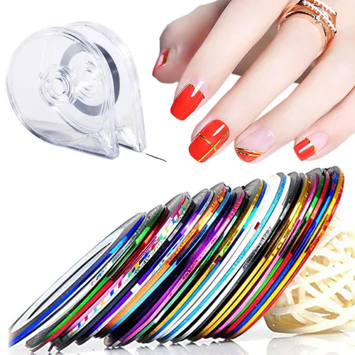 Línea de cinta de rayas de uñas de 30 colores, 2 dispensadores de cinta de uñas, dispensador de rodillos de cinta, herramientas de arte de uñas, kit