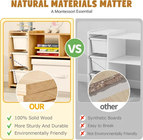 Miniatura 5 de MallBest Estantería Montessori para Niños - 100% Madera de Pino Maciza con 6 Cajones Plásticos Extraíbles, Organizador de Almacenamiento de Juguetes