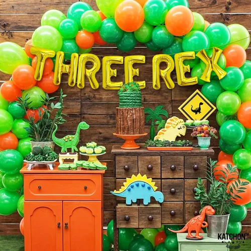 Miniatura 6 de Katchon, Enormes globos dorados de tres Rex – 16 pulgadas Tres decoraciones de cumpleaños Rex para niño Decoraciones de cumpleaños de dinosaurio