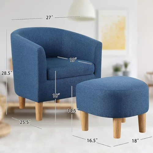 Miniatura 2 de DAZONE - Silla de acento de mediados de siglo moderna con otomano, juego de sillas cómodas con apoyapiés para sala de estar, sofá de barril redondo