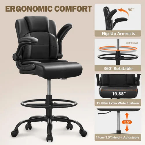 Miniatura 4 de Silla de dibujo ergonómica, silla de oficina alta para escritorio de pie con reposabrazos abatibles, anillo de pie ajustable y altura, silla de Negro