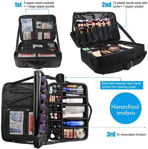 Miniatura 4 de MONSTINA Estuche de maquillaje grande, bolsa de maquillaje de 3 capas, organizador de cosméticos, bolsa de tren de peluquería, caja de artista