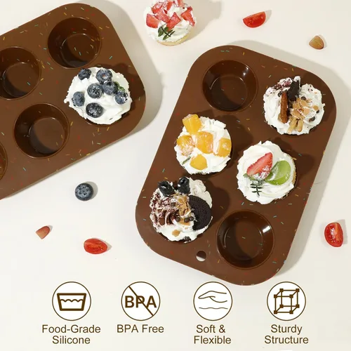 Miniatura 7 de Juego de 2 moldes de silicona para magdalenas para hornear, molde de cupcake antiadherente de tamaño regular, molde de muffin de silicona de 6 tazas