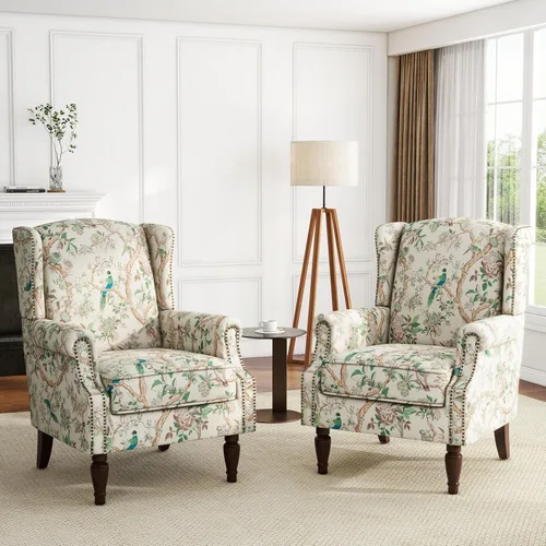 Miniatura 39 de Silla de Acento de Respaldo Alto, Sillón Tapizado en Tela para Sala de Estar, Sillón Wingback con Estampado Floral con Patas de Madera Maciza, Sofá