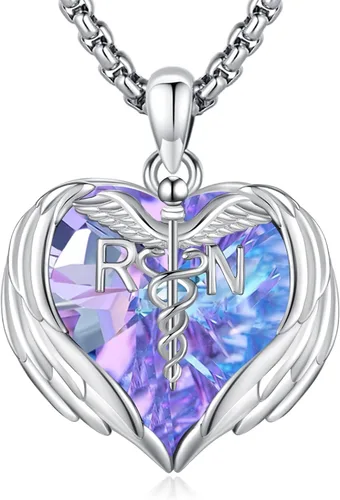 Miniatura 200 de Collar de alas de ángel de plata de ley 925, ángel de la guarda, enfermera RN caduceo, dije de ángel de cristal, joyería de regalo para mujer