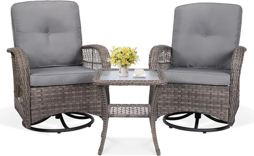 Miniatura 23 de VIVIJASON Silla mecedora de mimbre para exteriores, 2 piezas, sillas mecedoras de ratán para patio con cojines y marco de acero, muebles de mimbre
