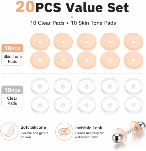 Miniatura 6 de EXCEART 20 almohadillas de disco de silicona para aretes tipo dormilona, protectores invisibles de cojín transparentes y en tono de piel