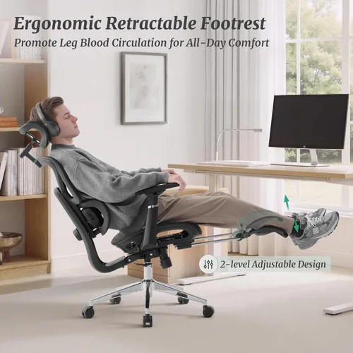 Miniatura 10 de Cozyman Silla de oficina ergonómica con reposapiés, soporte lumbar ajustable de 5 niveles y reclinación de 90-135°, reposacabezas 3D y reposabrazos