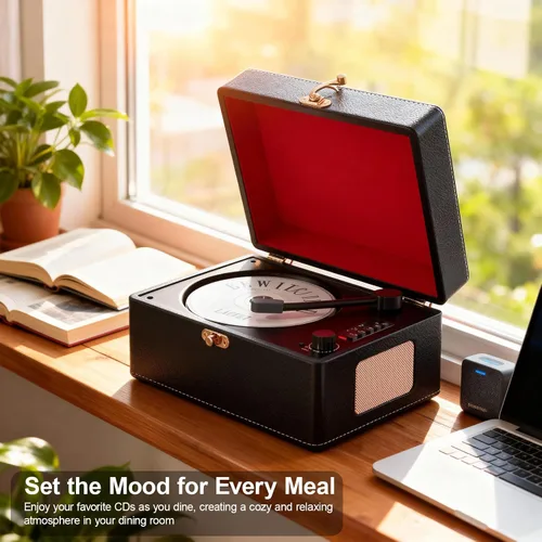 Miniatura 6 de Reproductor de CD portátil Bluetooth, reproductor de CD retro negro para reproductor de música en el hogar, batería recargable y altavoces