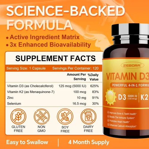 Miniatura 2 de ZEBORA Vitamina D3 K2 con zinc y selenio - 5000 UI de vitamina D3, 100 Mcg MK7 Vitamina K2 para una máxima absorción, apoya huesos, dientes