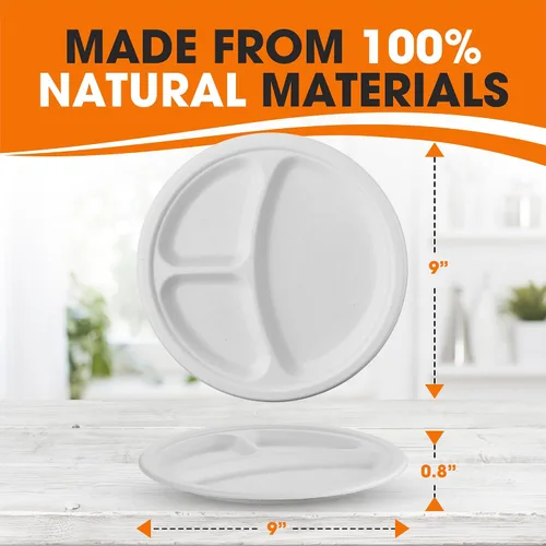 Miniatura 4 de Cheer Collection Platos de papel divididos compostables de 9 pulgadas, platos de papel 100% biodegradables de 3 secciones para alimentos calientes