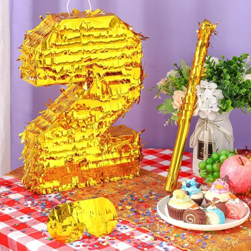 Miniatura 3 de Sratte Piñata - Decoraciones de fiesta de cumpleaños, piñata de lámina dorada con palo, confeti para niños y niñas, cumpleaños, aniversario